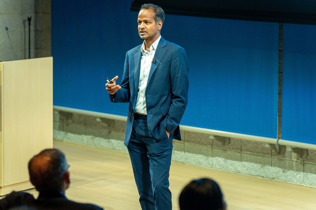 Founder presenting on stage at Fintech Demo Day 2025